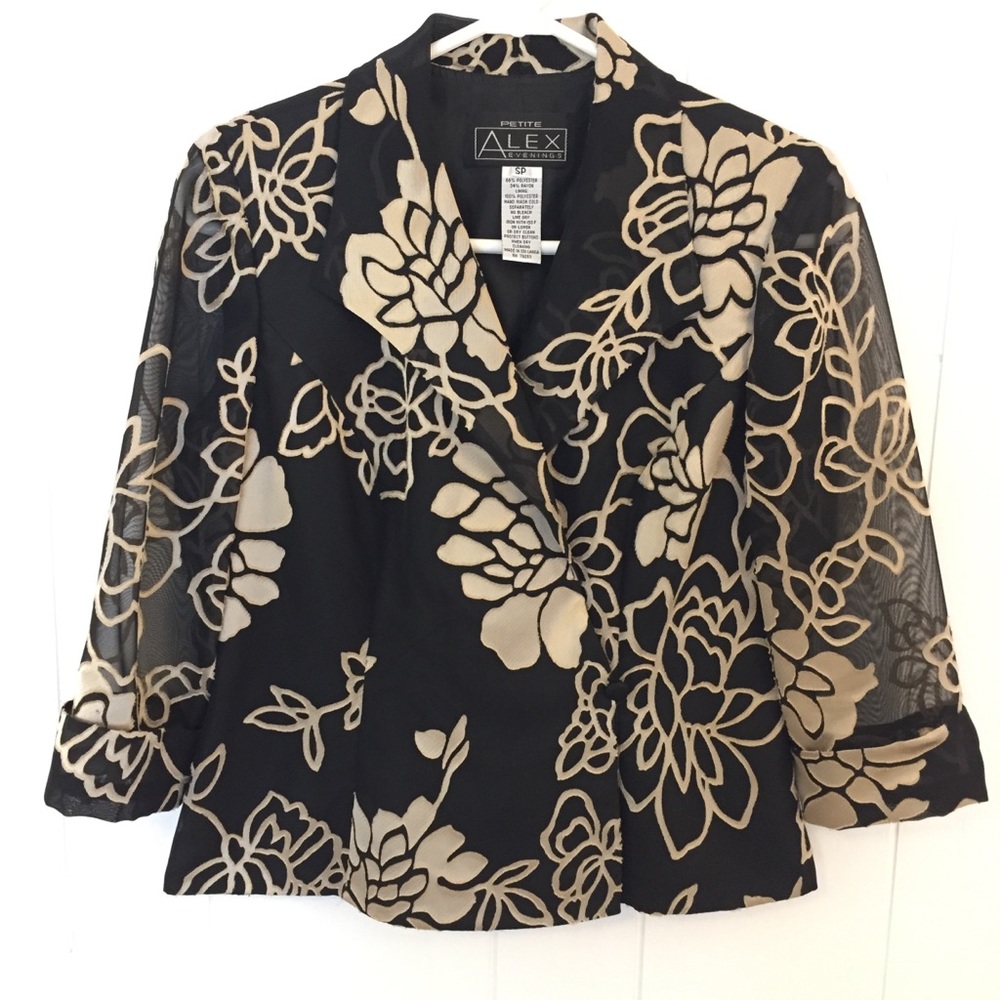 Alex Evenings Black & Gold Floral Jacket Petite Size S